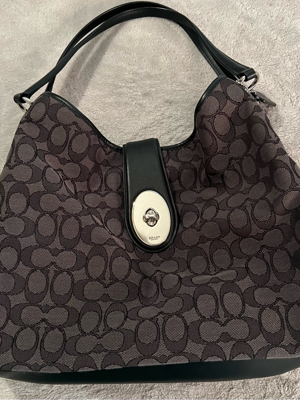 Coach Carlyle Signature Jacquard Shoulder Bag in Charcoal and Black